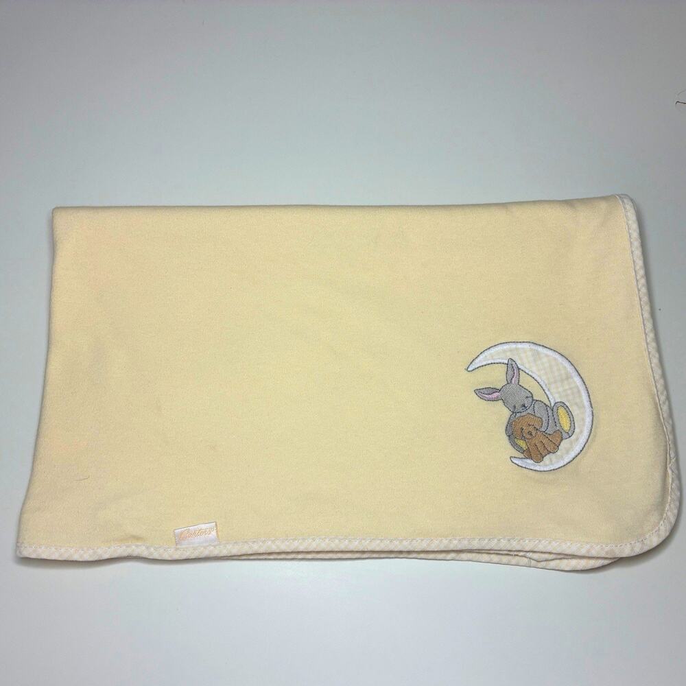 Vintage Carters Yellow Baby Blanket Moon Puppy Dog Bunny Cotton USA Made - READ